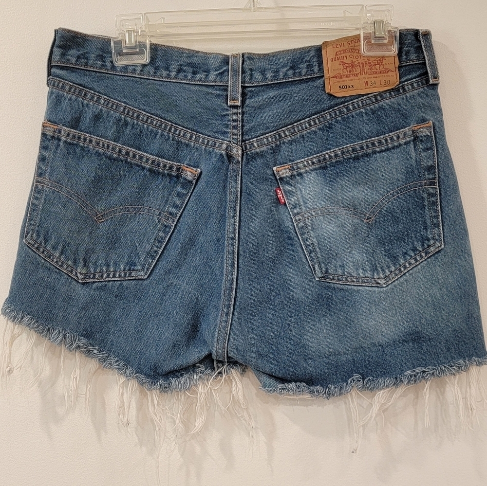 Womens Distressed Blue Denim Jean Shorts  34x30 - Picture 6 of 7